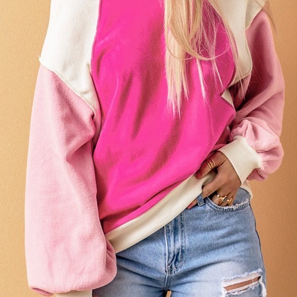 Rose Colorblock Long Sleeve Pullover Fleece Sweatshirt - Picture 9 of 16